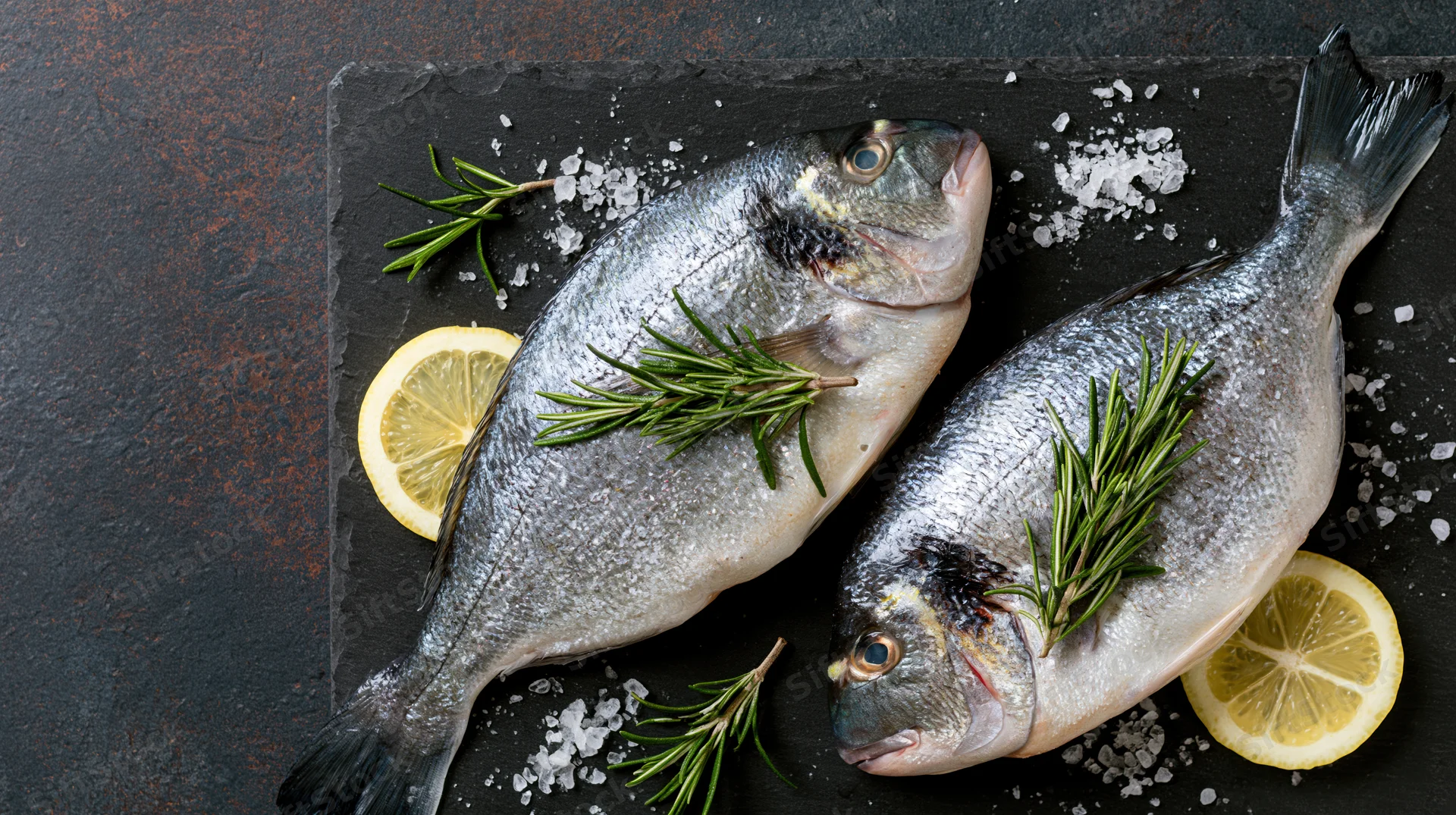 Two raw whole sea bream fish garnished with rosemary and lemon slices on a dark slate board