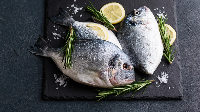 Three raw whole sea bream fish arranged on a dark slate board with lemon slices, rosemary sprigs and coarse salt