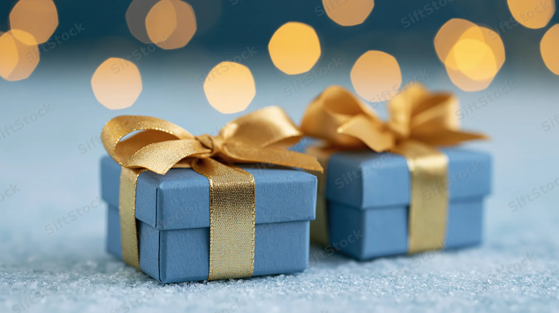 Two small blue gift boxes with gold satin ribbon bows on a snowy surface with blurred warm lights in the background