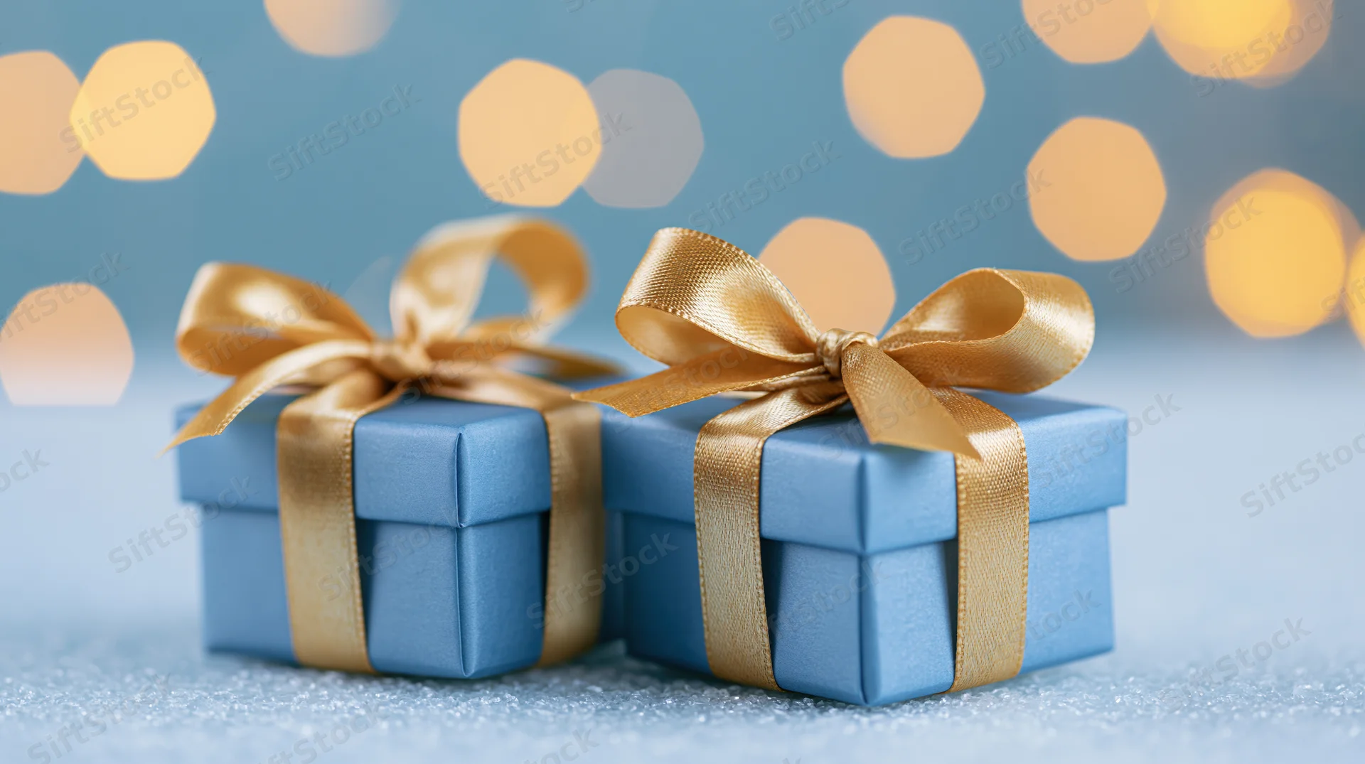 Two small blue gift boxes wrapped with gold satin ribbon bows on a sparkling surface with blurred lights behind