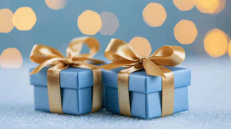 Two small blue gift boxes wrapped with gold satin ribbon bows on a sparkling surface with blurred lights behind