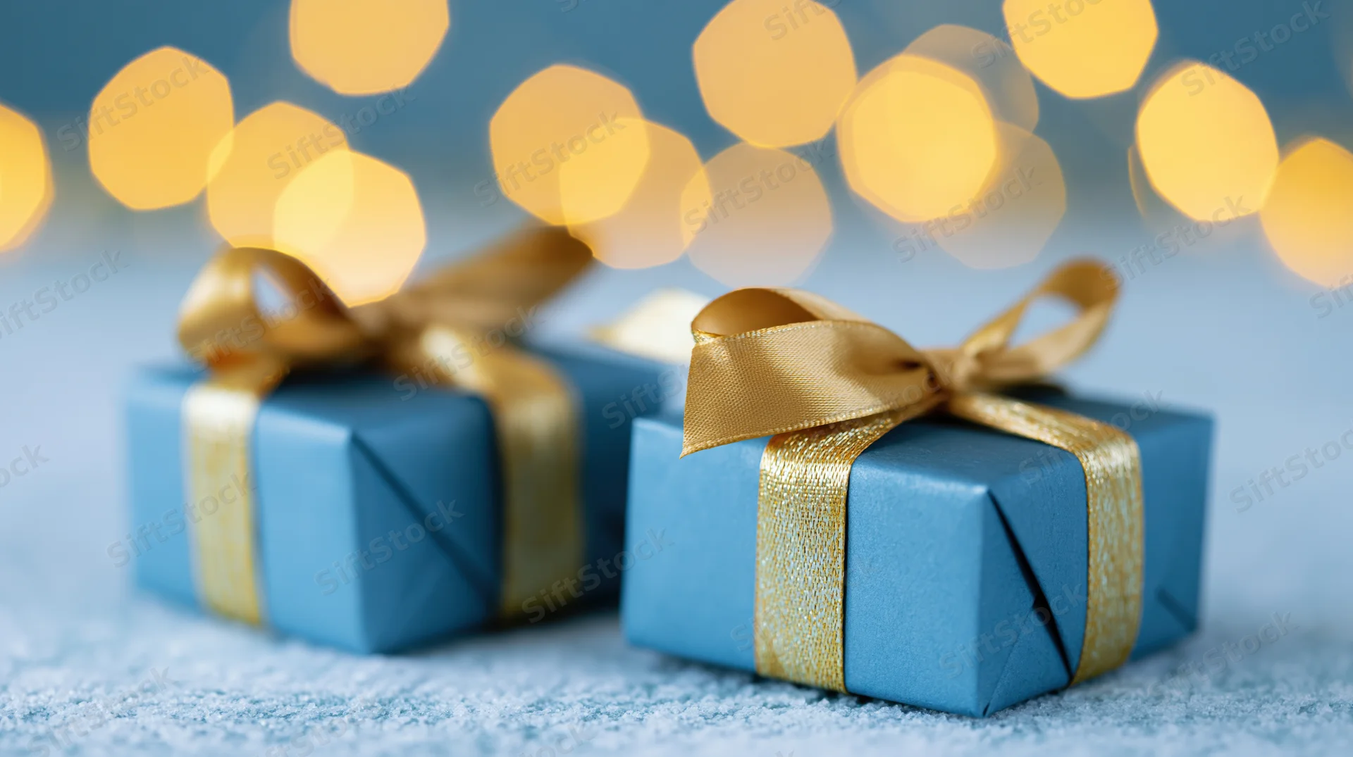 Two small blue gift boxes wrapped with gold satin ribbon bows on a textured surface with blurred golden lights in the background