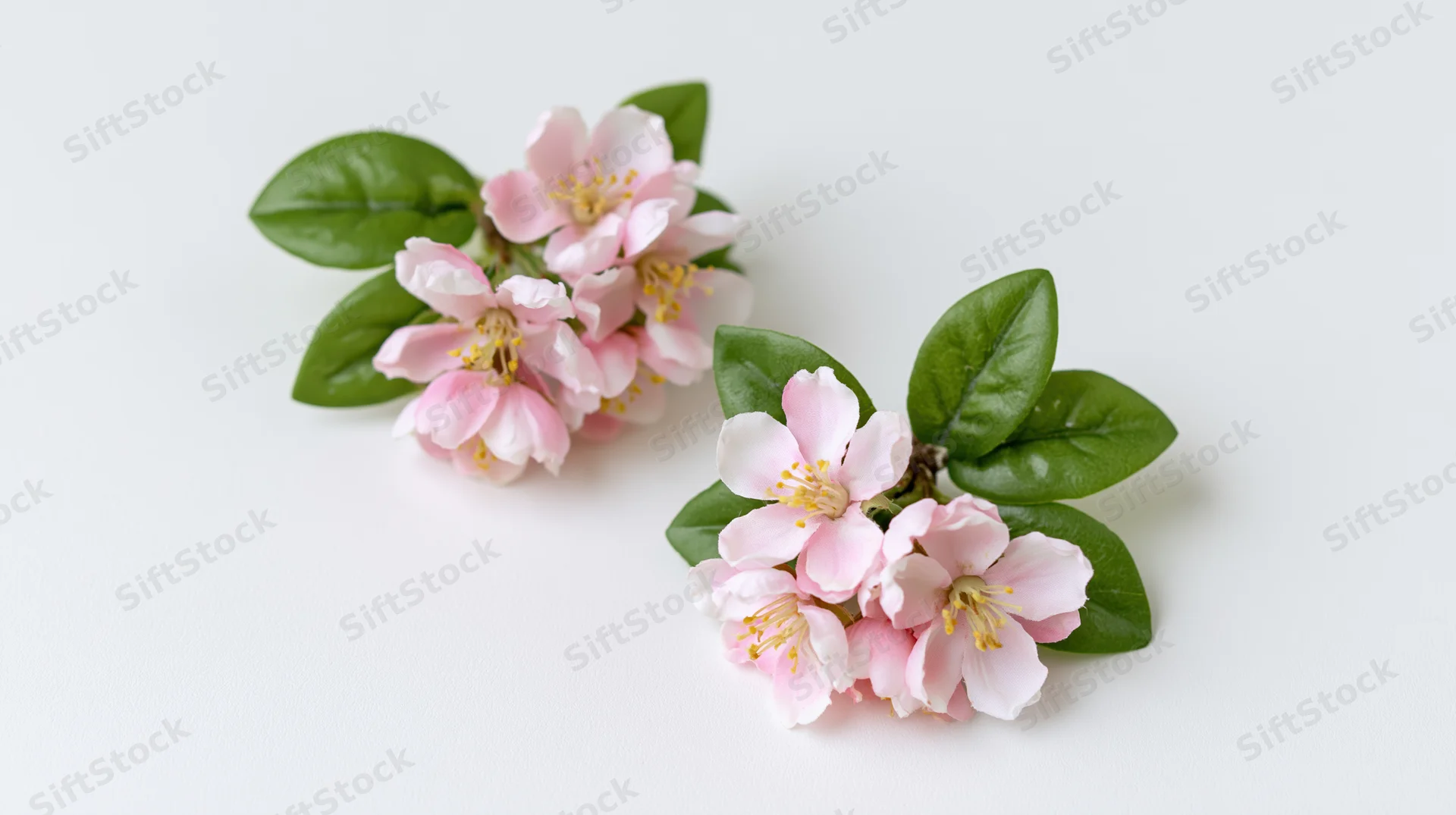 Two clusters of pink apple blossom flowers with green leaves on white background