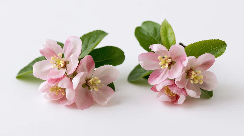 Two clusters of pink apple blossom flowers with green leaves on a white background