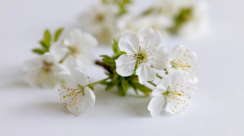 White cherry blossom sprigs arranged on a plain white surface