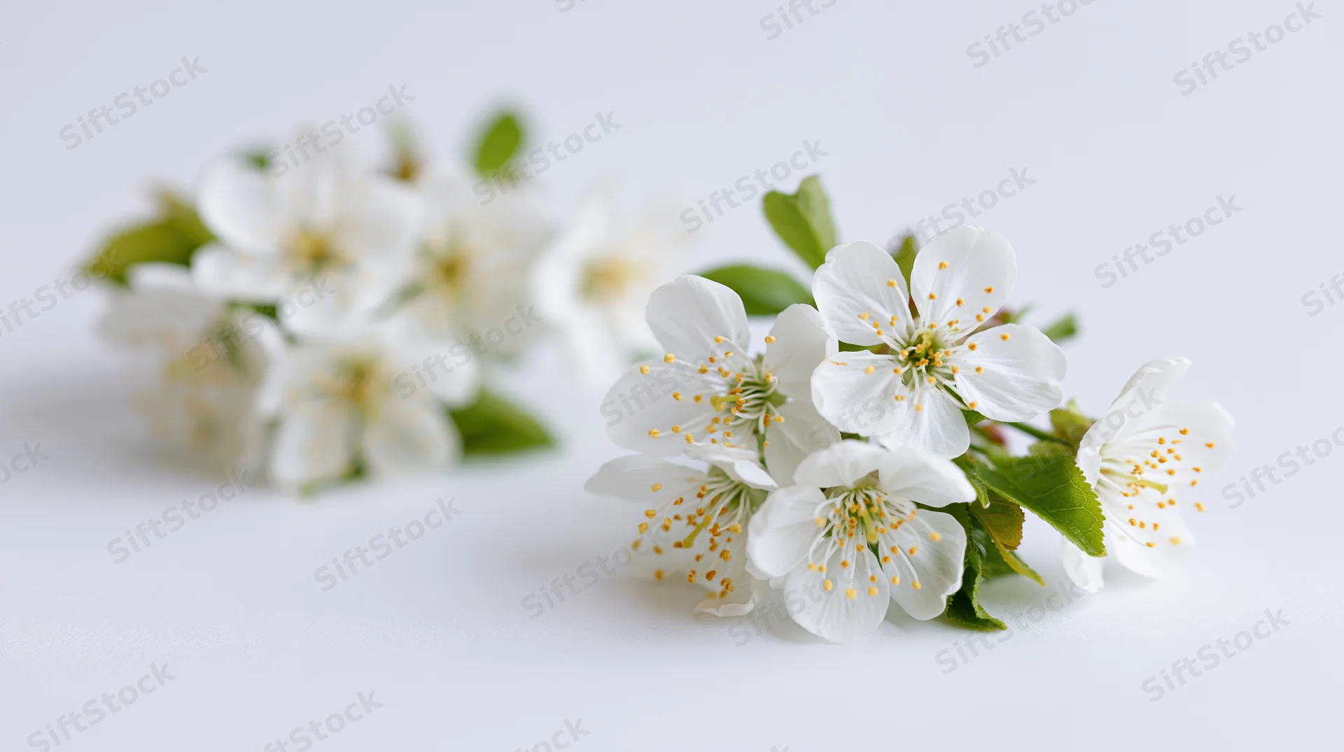 Two small clusters of white cherry blossom sprigs arranged on a plain white surface