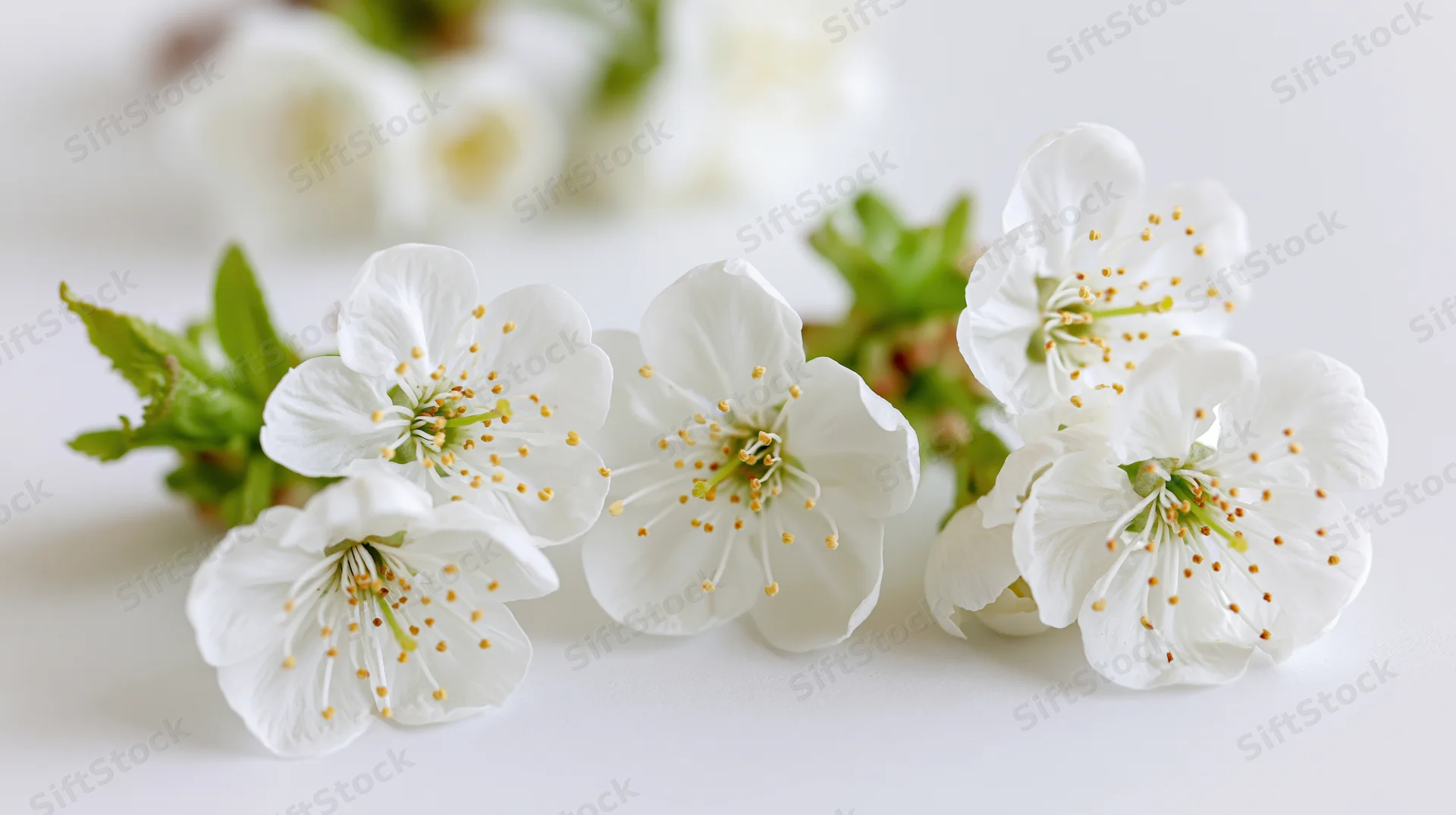 White cherry blossom sprigs arranged in clusters on a white surface