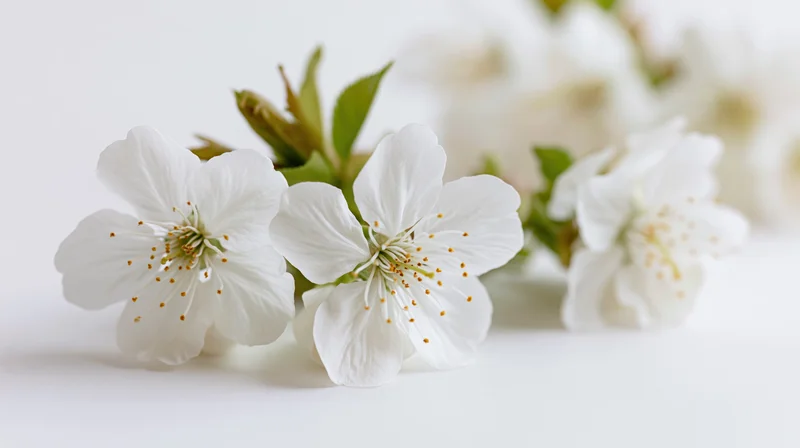 White cherry blossom sprigs arranged on a plain white surface with soft focus background
