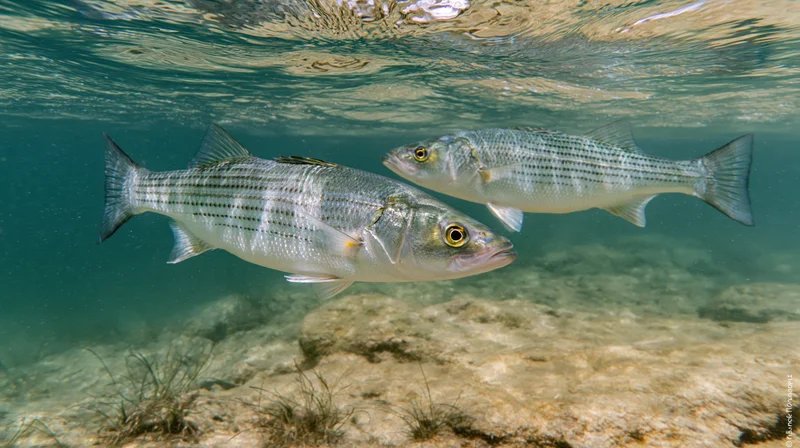 Two striped bass swimming near the surface in clear shallow water over sandy seabed