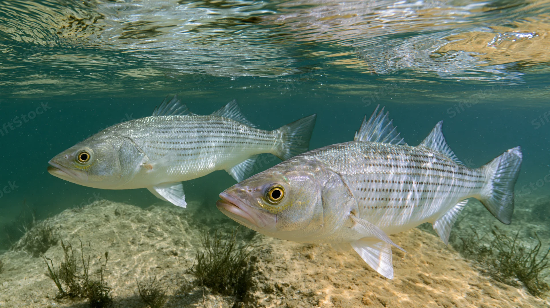 Two striped bass swimming near the surface in shallow clear water over sandy seabed
