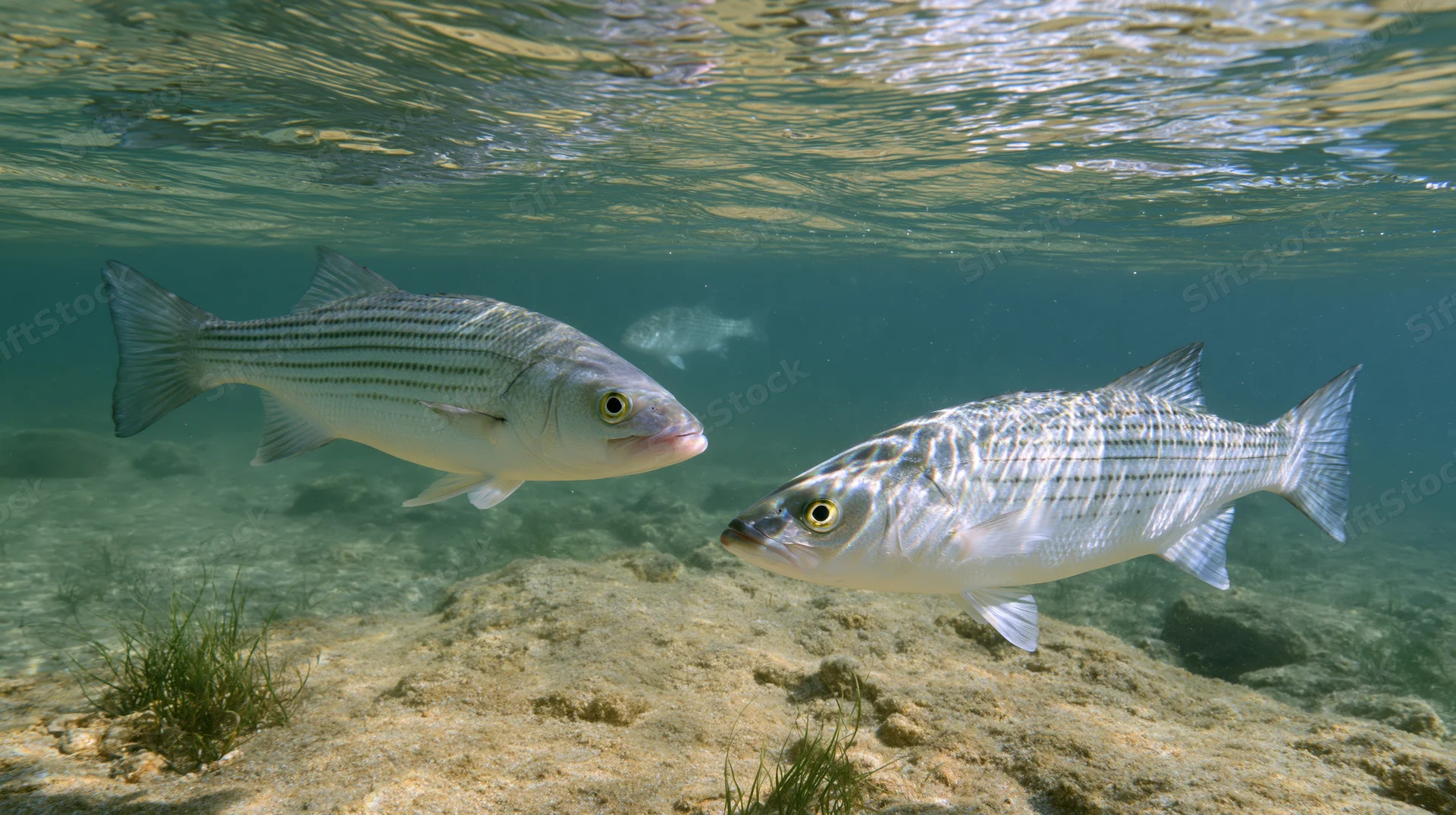 Two striped bass swimming near surface in shallow clear water over sandy seabed with seagrass