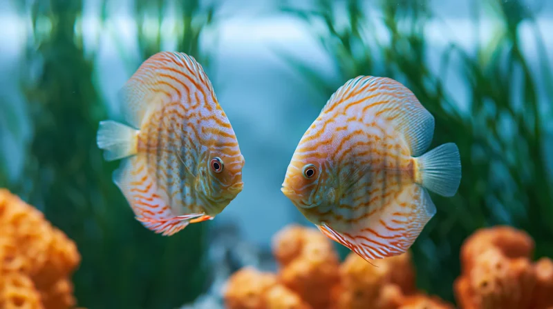 Two striped discus fish swimming midwater in a planted freshwater aquarium with green plants and orange sponge coral
