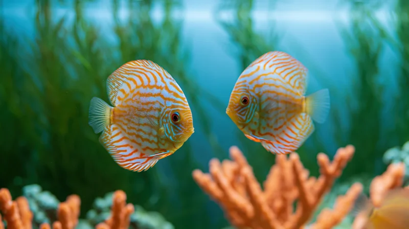 Two striped discus fish swimming midwater in a planted freshwater aquarium with coral and green plants