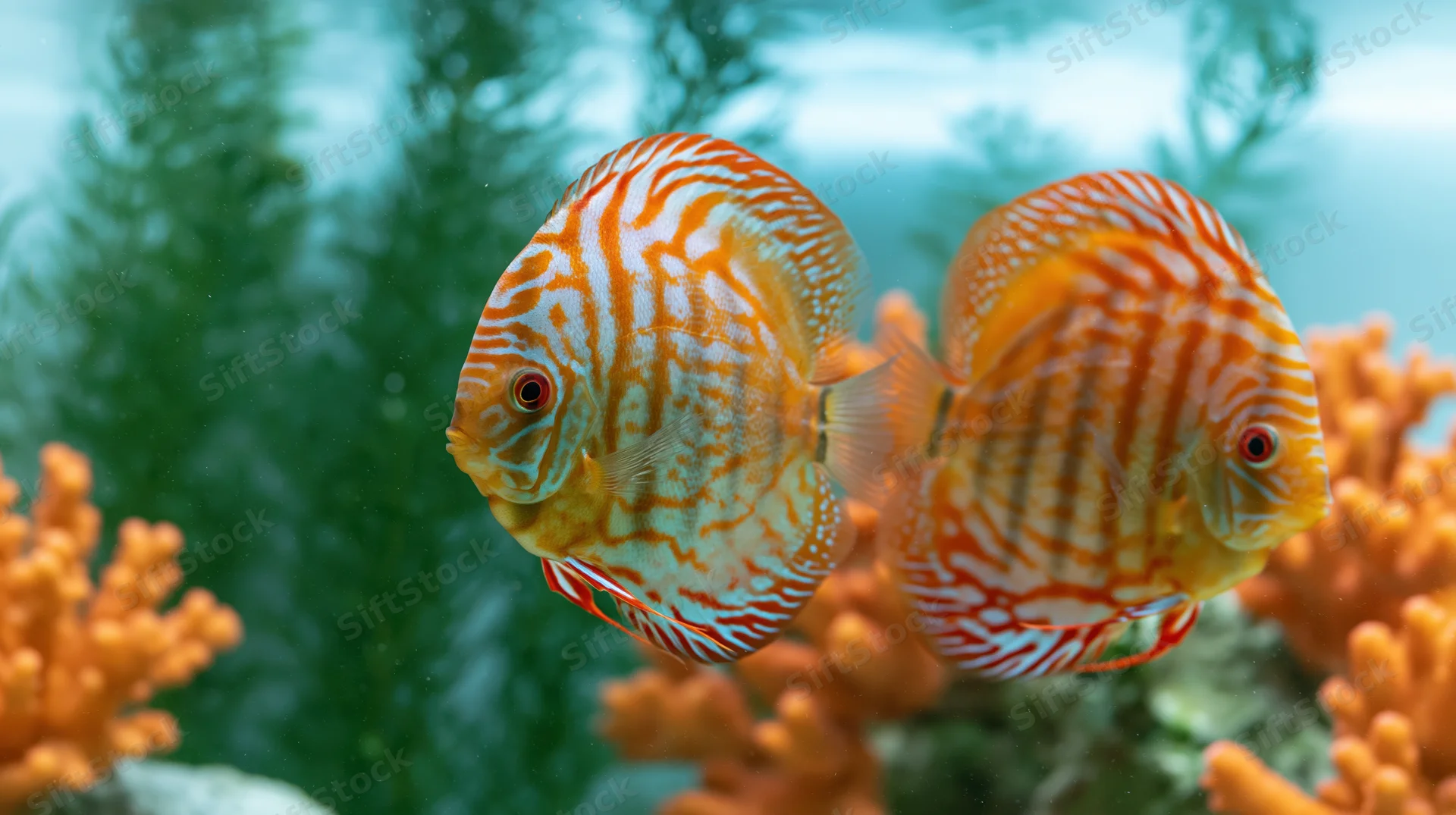 Two striped discus fish swimming midwater in a planted freshwater aquarium