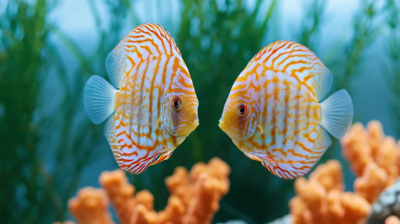 Two striped discus fish swimming midwater in a planted freshwater aquarium with coral and green plants