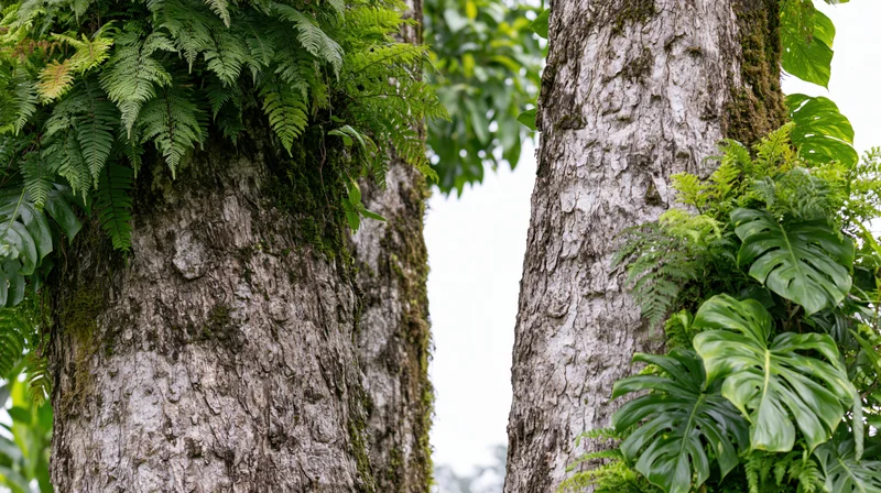 Two tropical tree trunks covered in lush green foliage and moss in a dense jungle setting