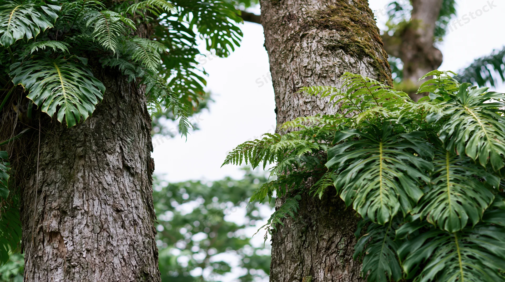 Two tropical tree trunks with monstera and fern foliage framing a jungle scene
