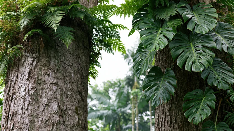 Two tropical tree trunks with lush jungle foliage framing the view