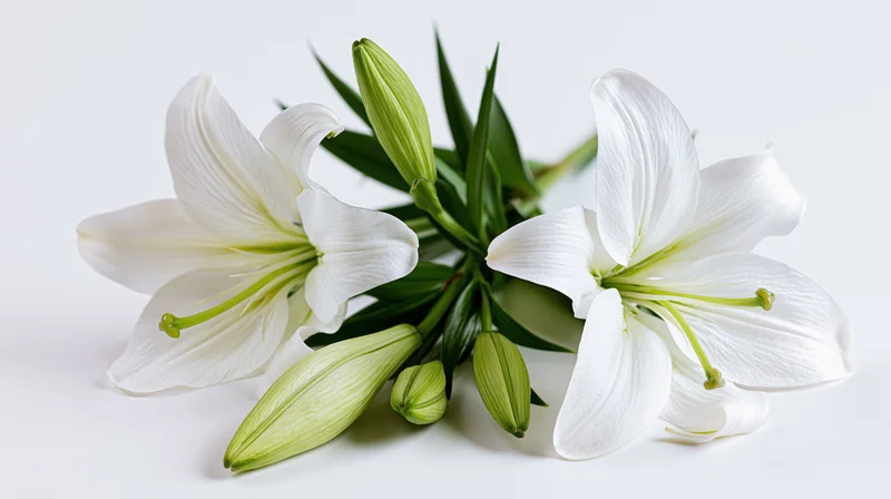 Two white lilies in full bloom with green buds and leaves on a white background