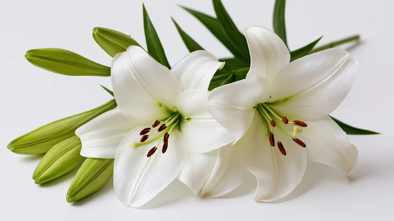Two white lilies in full bloom with green buds and leaves on a white background