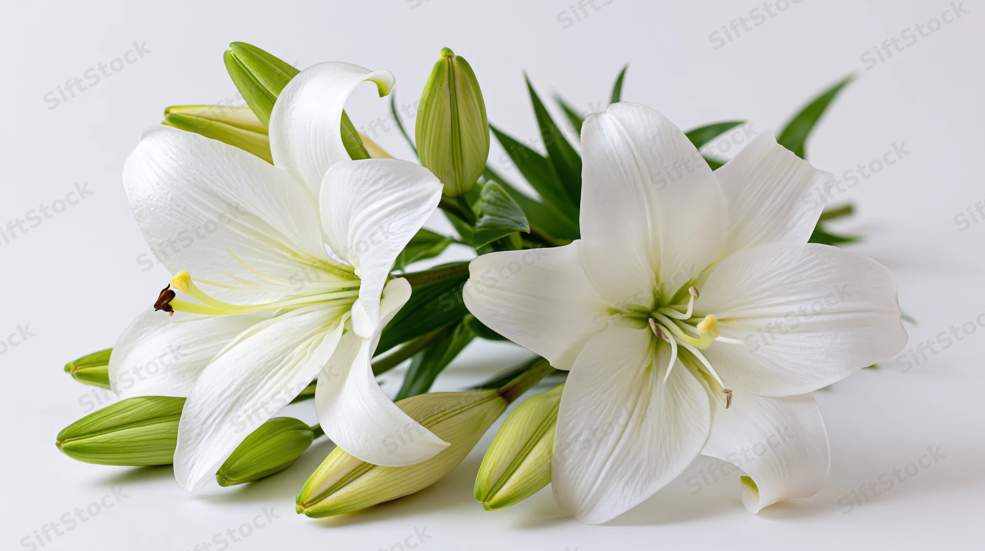 Two white lilies in full bloom with green buds and stems on a white surface
