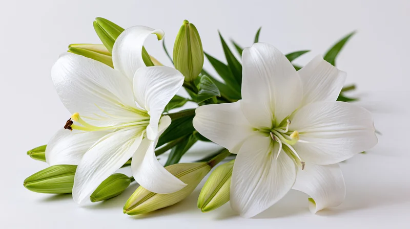 Two white lilies in full bloom with green buds and stems on a white surface