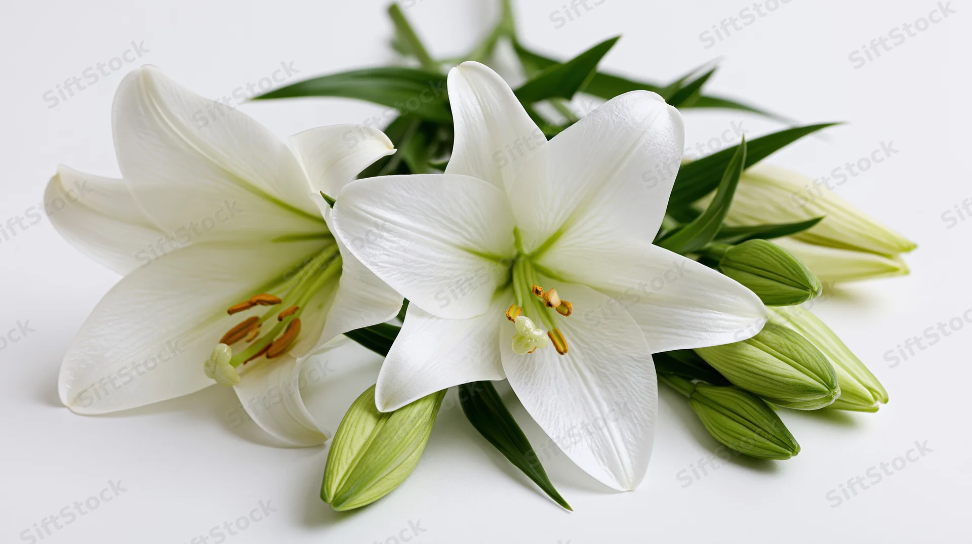 Two white lilies in full bloom with green buds and leaves on a white surface
