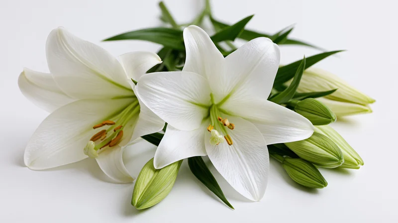 Two white lilies in full bloom with green buds and leaves on a white surface