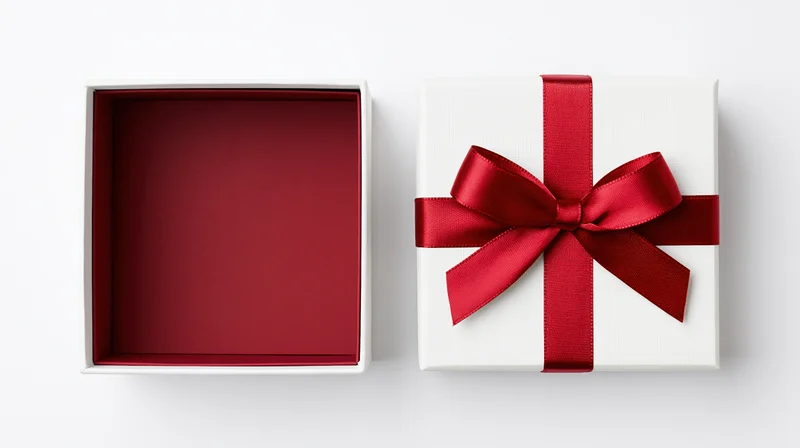 Two white gift boxes one open and one closed with red ribbon bow on white background