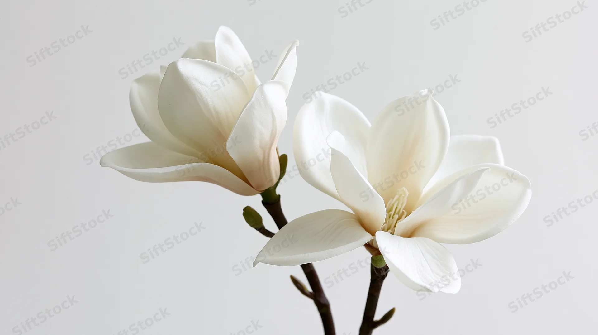 Two white magnolia blooms on a dark stem against a plain light background