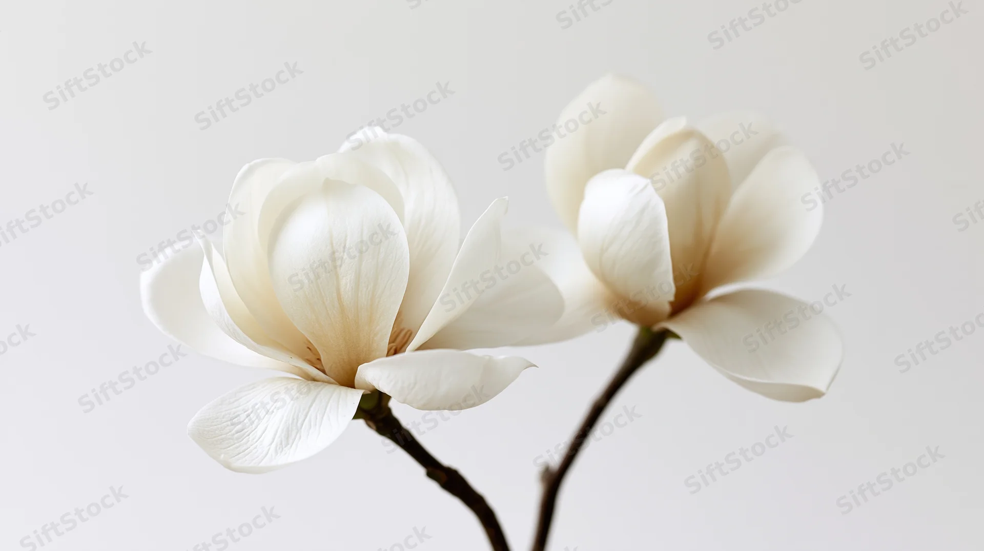 Two white magnolia blooms on a slender dark stem against a light background