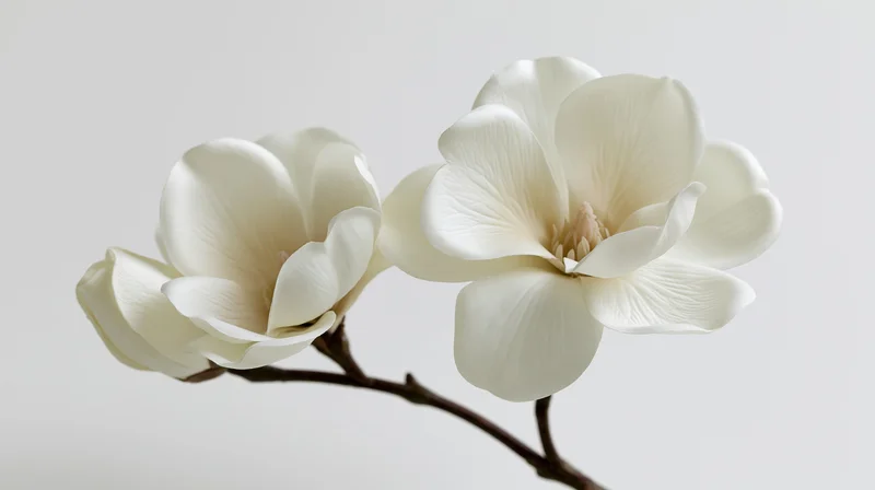 Two white magnolia blooms on a dark stem against a light background