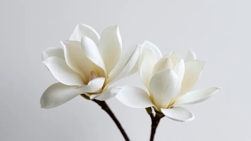 Two white magnolia blooms on a slender stem against a light background