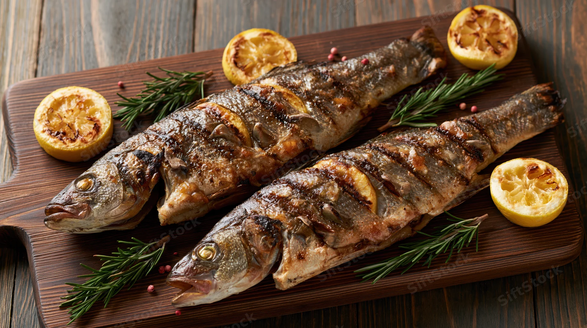Two whole grilled sea bass fish on a dark wooden cutting board with lemon slices and rosemary sprigs