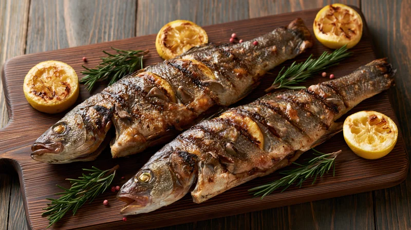 Two whole grilled sea bass fish on a dark wooden cutting board with lemon slices and rosemary sprigs