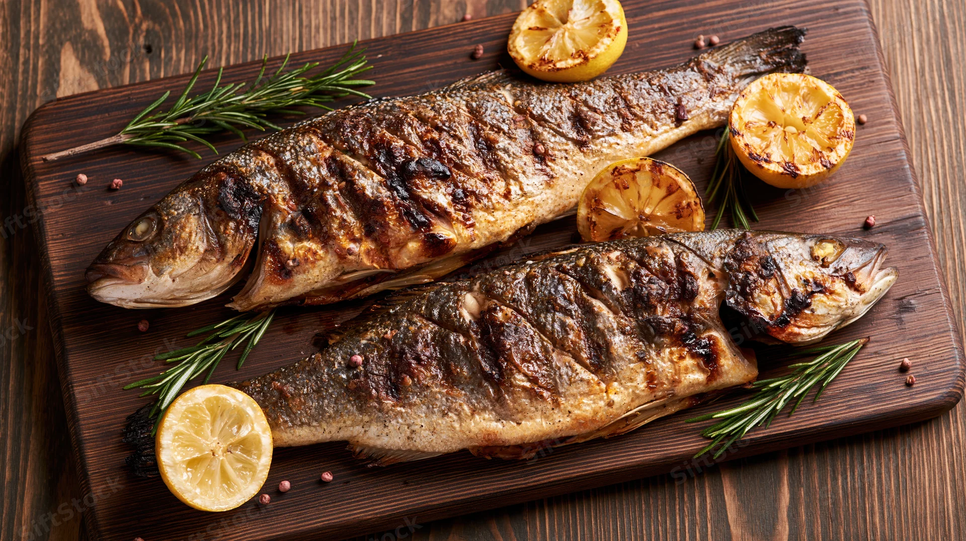 Two whole grilled sea bass fish on a dark wooden cutting board with lemon slices and rosemary sprigs