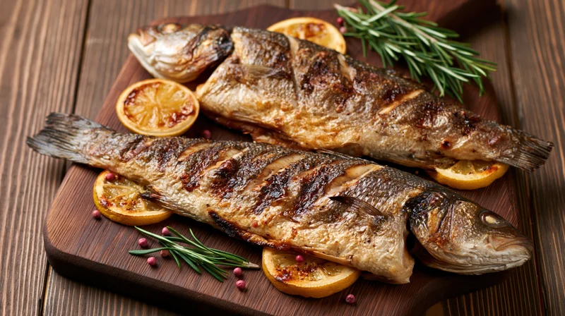 Two whole grilled sea bass fish on a dark wooden cutting board with lemon slices and rosemary sprigs