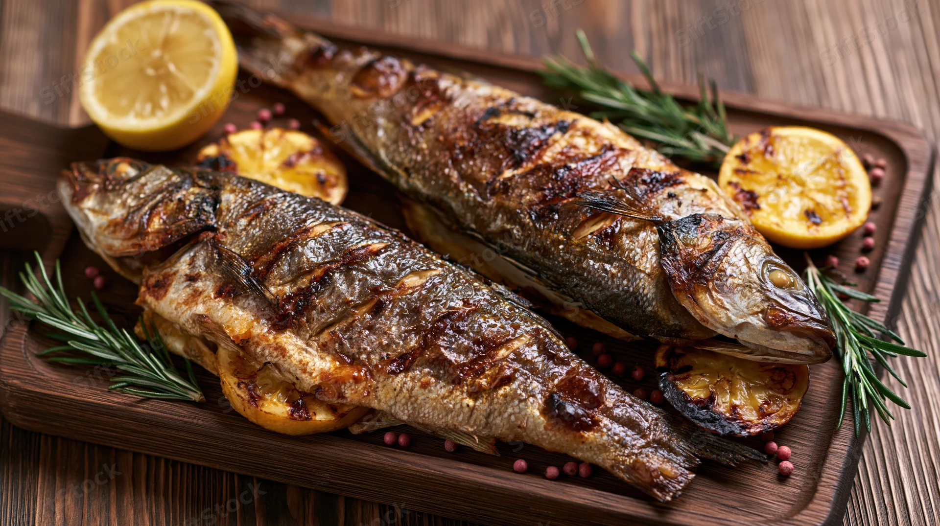 Two whole grilled sea bass fish on a wooden cutting board with lemon slices and rosemary garnish