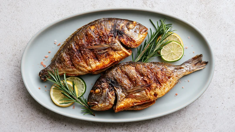 Two whole grilled sea bream fish on a pale grey ceramic plate with lime slices and rosemary garnish