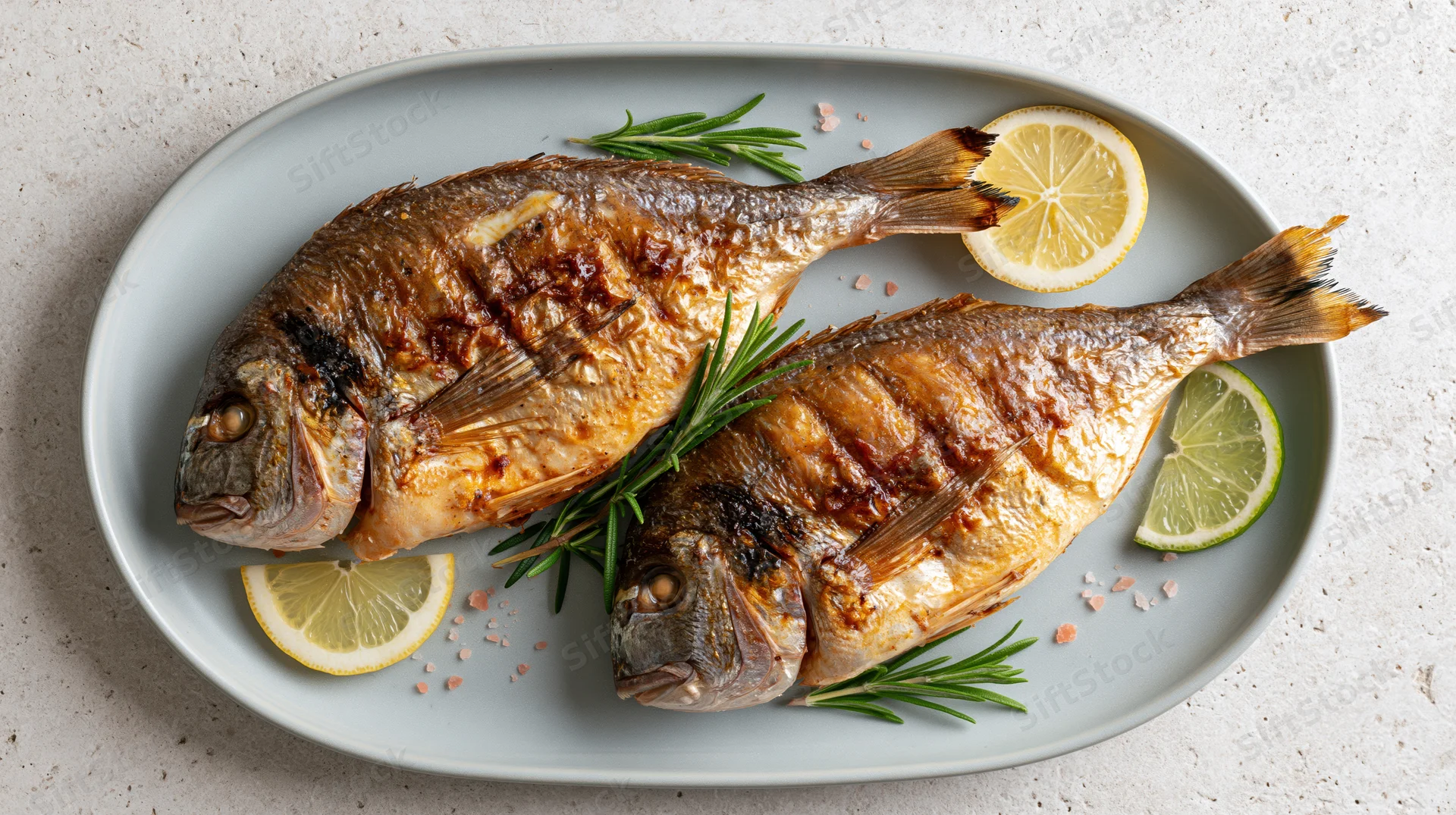 Two whole grilled sea bream fish on a pale grey ceramic plate with lemon, lime, rosemary and salt