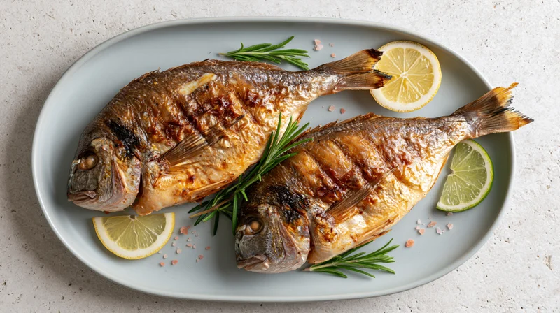 Two whole grilled sea bream fish on a pale grey ceramic plate with lemon, lime, rosemary and salt