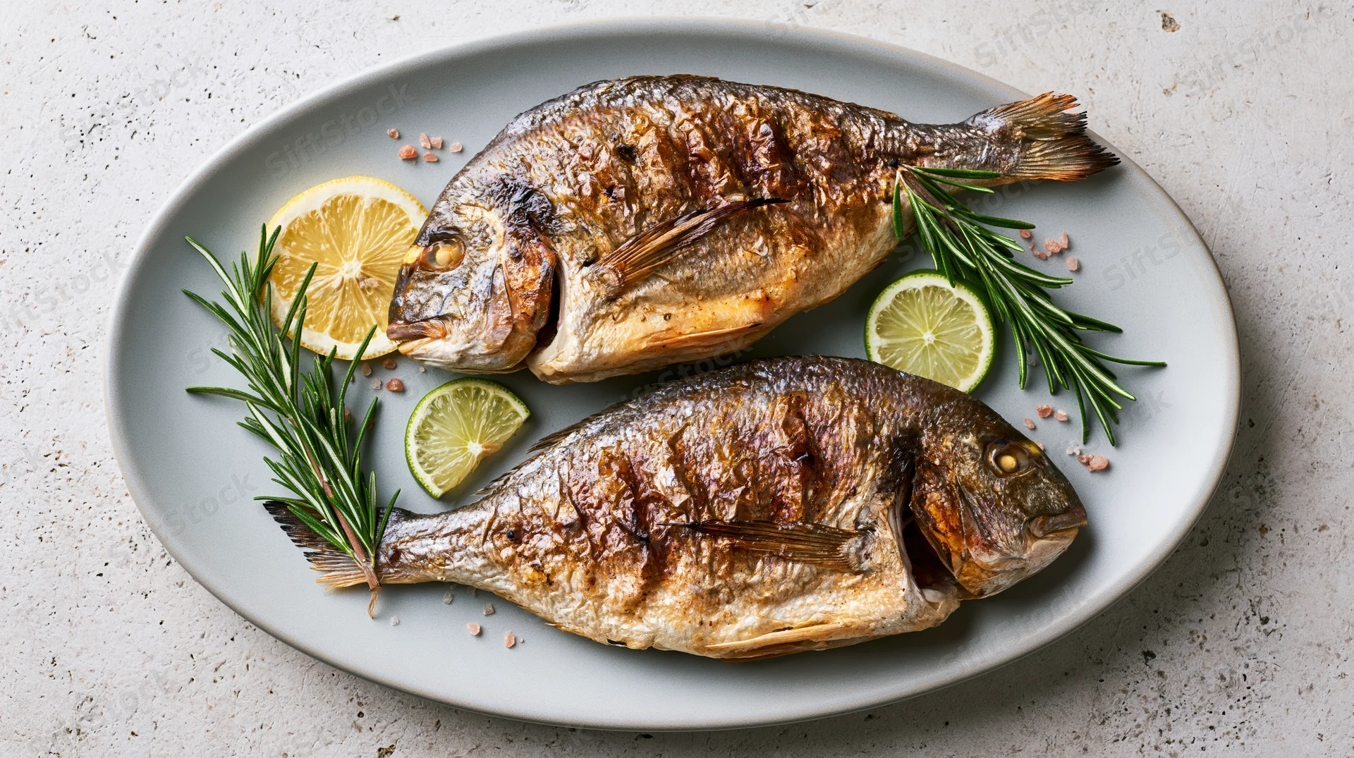 Two whole grilled sea bream fish on a pale grey ceramic plate with lemon, lime, and rosemary garnish