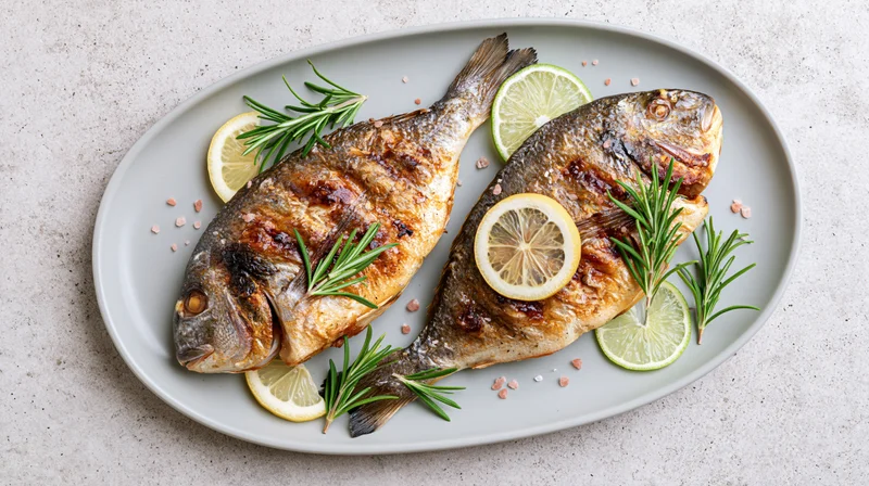 Two whole grilled sea bream fish on a pale grey ceramic plate with lemon slices and rosemary garnish