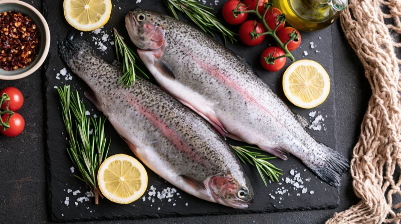 Two whole raw rainbow trout on a dark slate plate surrounded by lemon slices, rosemary, cherry tomatoes, olive oil, and coarse salt
