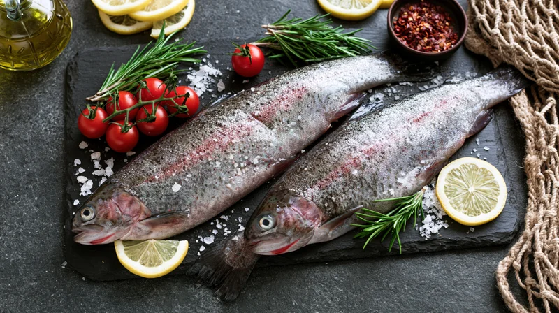 Two whole raw rainbow trout on a dark slate plate with lemon, rosemary, tomatoes, salt, and chili garnish