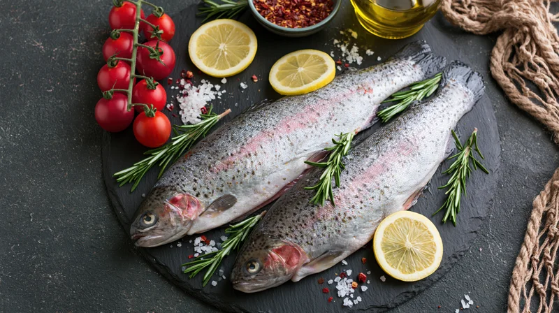 Two whole raw rainbow trout on a dark slate plate with lemon, rosemary, tomatoes, salt and oil for cooking