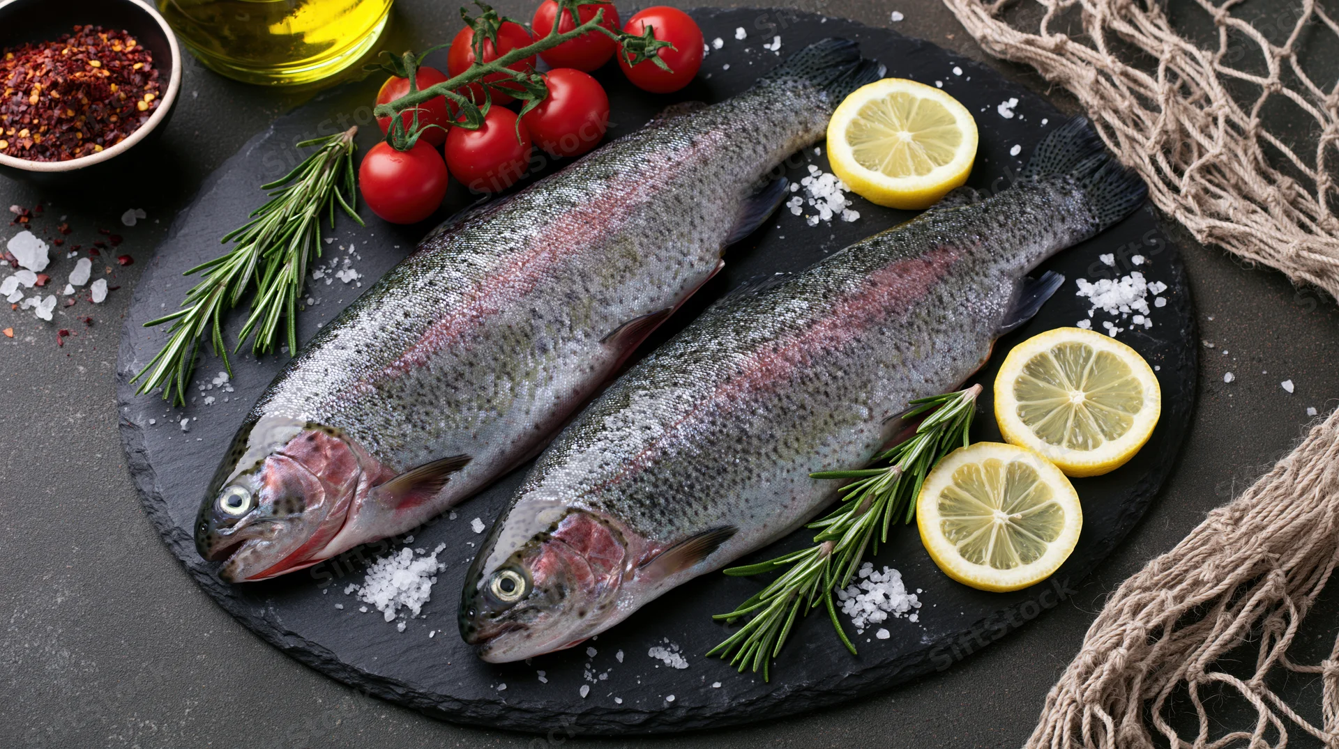 Two whole raw rainbow trout on a dark slate plate with lemon, rosemary, tomatoes, salt, chili, and oil, surrounded by fishing net
