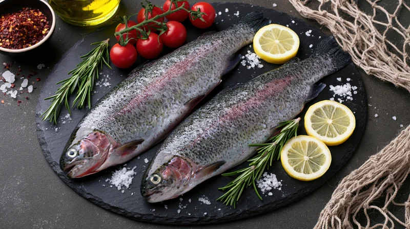 Two whole raw rainbow trout on a dark slate plate with lemon, rosemary, tomatoes, salt, chili, and oil, surrounded by fishing net