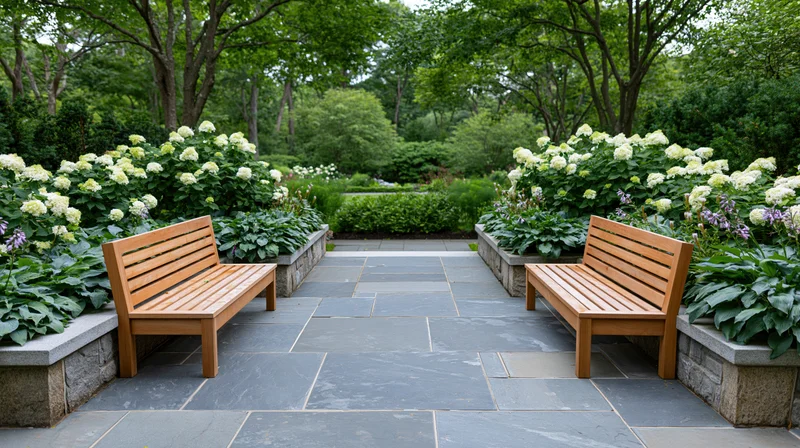 Two wooden benches flanking a flagstone path in a garden setting