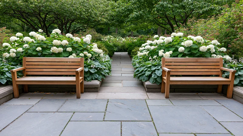 Two wooden benches flanking a flagstone path in a garden setting